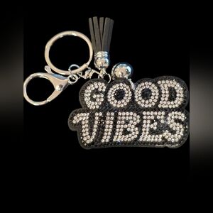 “Good Vibes” Rhinestone Bag Charm / Keychain with Tassel
